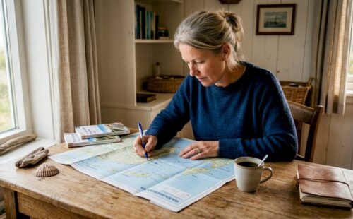Vrouw wijst de Waddeneilanden aan op een kaart