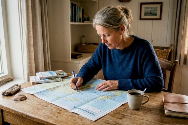 Vrouw wijst de Waddeneilanden aan op een kaart