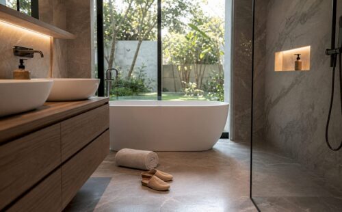 Vakantiehuis met stijlvolle, luxe badkamer en een vrijstaand bad voor extra comfort