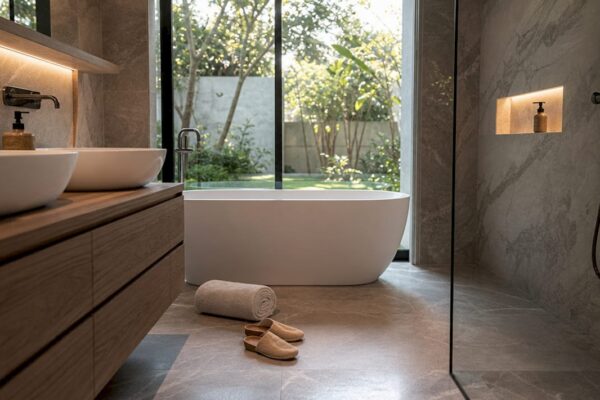 Vakantiehuis met stijlvolle, luxe badkamer en een vrijstaand bad voor extra comfort