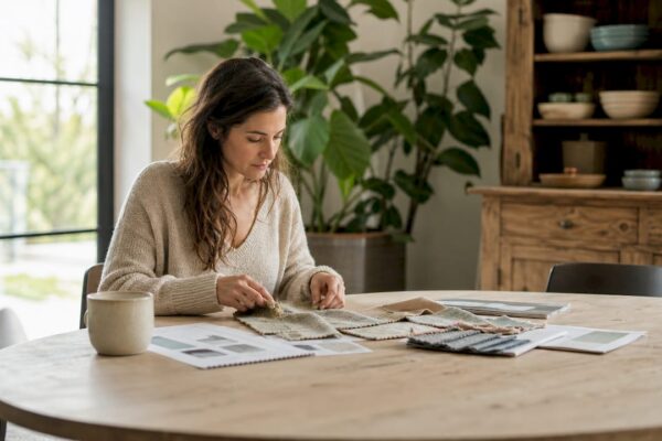 Een interieurontwerper bladert door stofstalen om de juiste sfeer te bepalen voor een vakantiehuis.