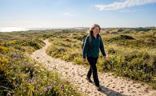 In alle vroegte een wandeling maken door de stille natuur van Vlieland, terwijl de zon langzaam opkomt.