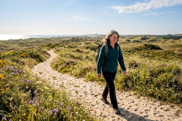 In alle vroegte een wandeling maken door de stille natuur van Vlieland, terwijl de zon langzaam opkomt.