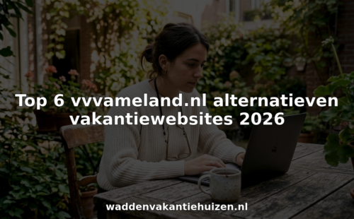 Een vrouw zit thuis op de bank en zoekt online naar vakantiehuisjes.