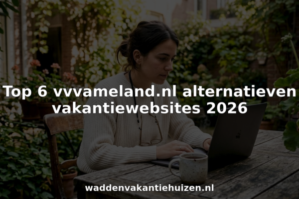 Een vrouw zit thuis op de bank en zoekt online naar vakantiehuisjes.