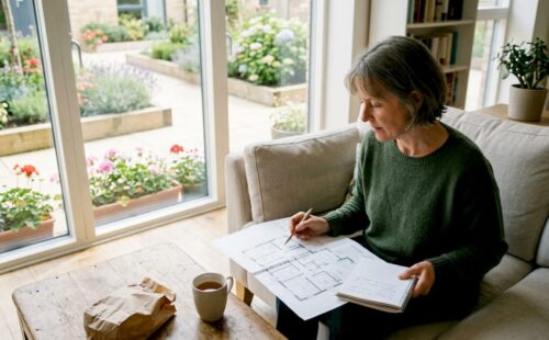 Een vrouw bestudeert de indeling van het vakantiehuis.