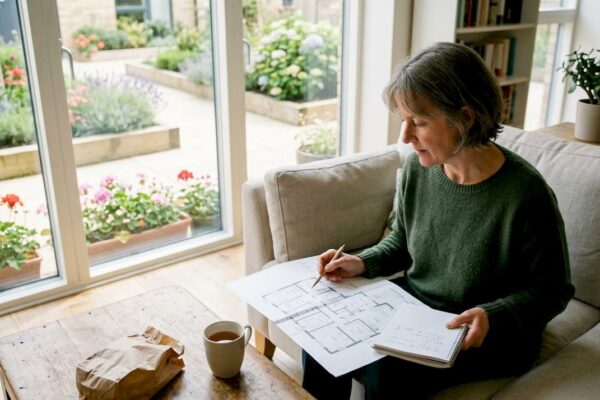 Een vrouw bestudeert de indeling van het vakantiehuis.