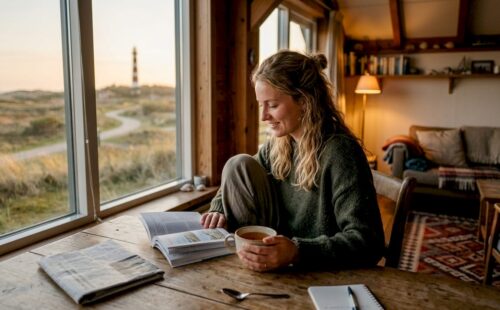 Vrouw geniet van een ontspannen moment in een sfeervolle hotelkamer op Ameland