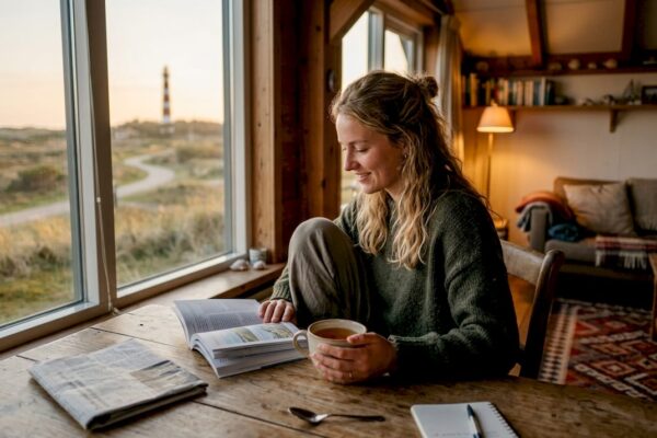 Vrouw geniet van een ontspannen moment in een sfeervolle hotelkamer op Ameland