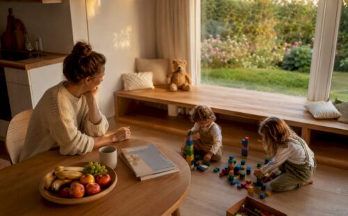 Moeder met haar kinderen geniet van quality time in een gezellig vakantiehuisje.