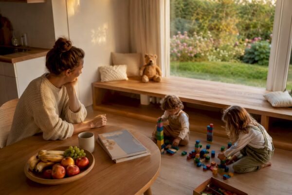 Moeder met haar kinderen geniet van quality time in een gezellig vakantiehuisje.