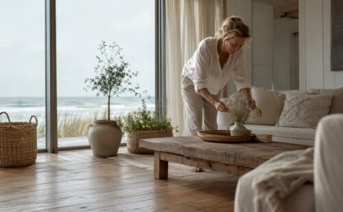 Een vrouw maakt het gezellig in de woonkamer van haar vakantiehuis door de kussens netjes te schikken.