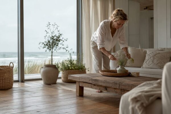 Een vrouw maakt het gezellig in de woonkamer van haar vakantiehuis door de kussens netjes te schikken.