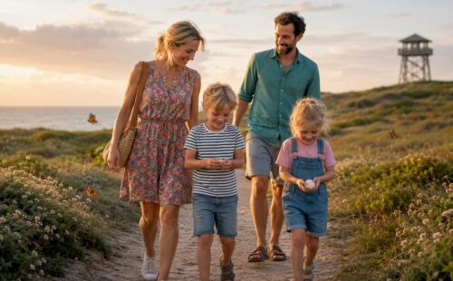 Een gezin maakt een ontspannen wandeling langs het zonovergoten strand van een Waddeneiland.
