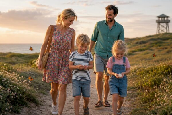 Een gezin maakt een ontspannen wandeling langs het zonovergoten strand van een Waddeneiland.
