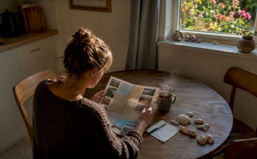 Vrouw oriënteert zich op vakantiehuisjes op de Waddeneilanden