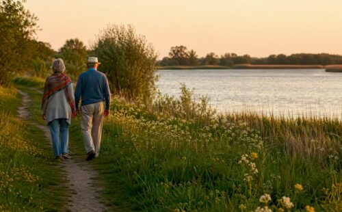Ouderen maken een ontspannen wandeling door een groen bosgebied.