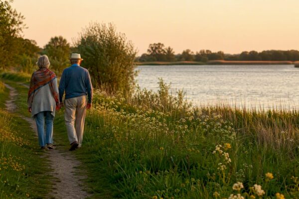 Ouderen maken een ontspannen wandeling door een groen bosgebied.