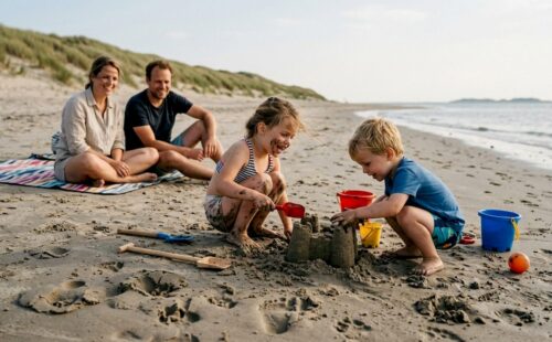 Een gezin geniet samen van een ontspannen dag op het strand van een eiland, terwijl de kinderen vrolijk in het zand spelen.