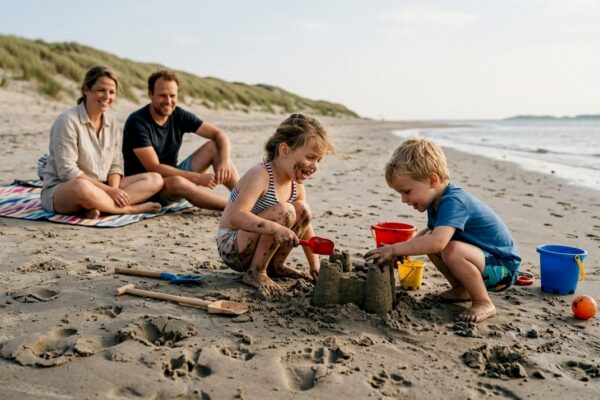 Een gezin geniet samen van een ontspannen dag op het strand van een eiland, terwijl de kinderen vrolijk in het zand spelen.