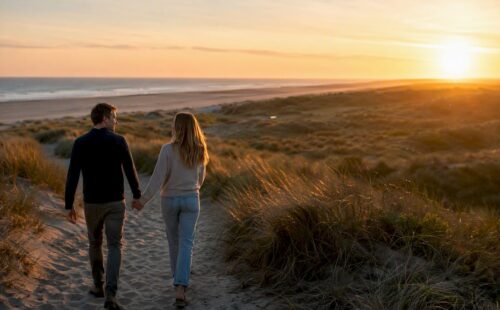 Een stel wandelt in alle vroegte samen door de duinen van Ameland, terwijl de zon opkomt.