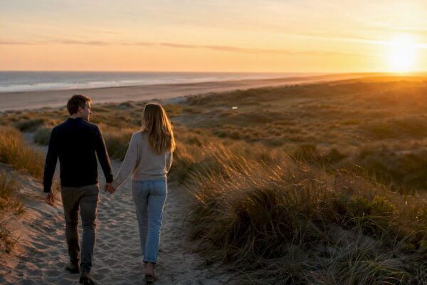 Een stel wandelt in alle vroegte samen door de duinen van Ameland, terwijl de zon opkomt.