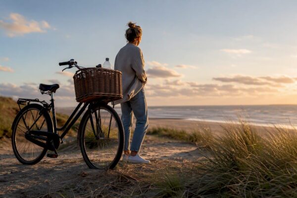 Fietser geniet van een welverdiende pauze op een duinpad bij het strand van Ameland.