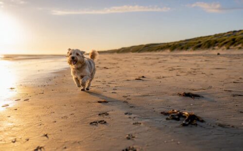 Hond die vrij rondrent op het strand van Ameland