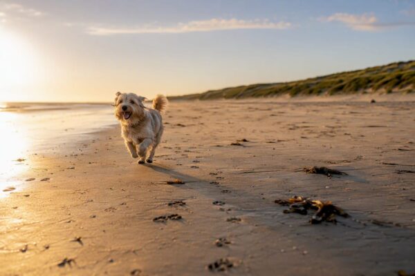 Hond die vrij rondrent op het strand van Ameland