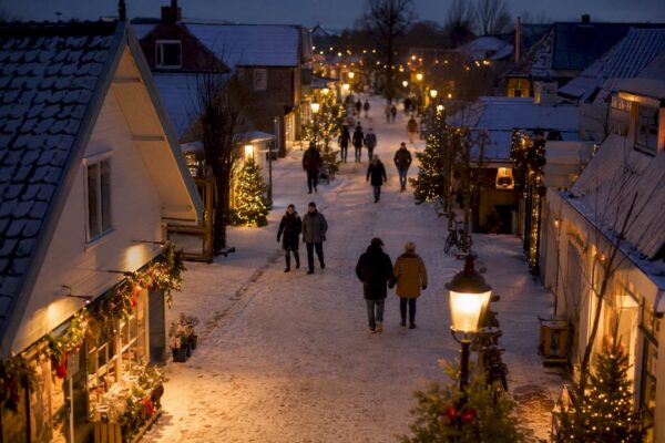 Dorpsstraat op Ameland met kerstverlichting in de schemering