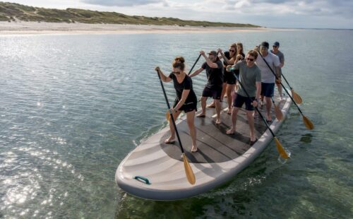 Een groep volwassenen peddelt samen op een mega-sup