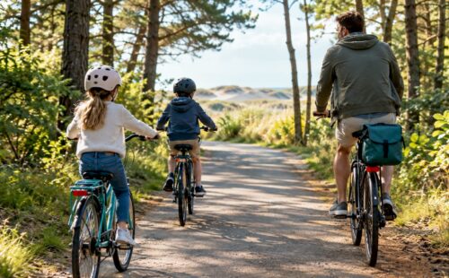 Gezin fietst over een fietspad op Ameland