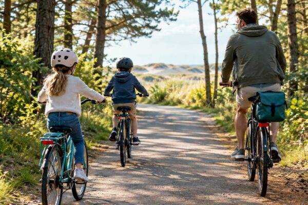 Gezin fietst over een fietspad op Ameland
