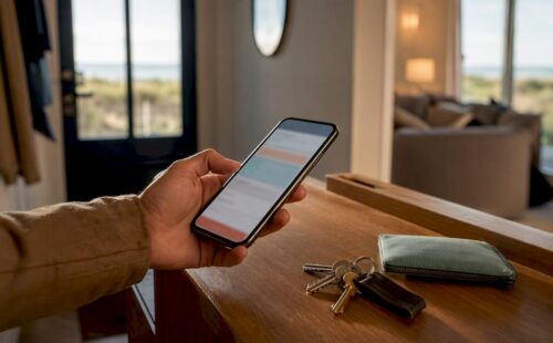 Smartphone bij de sleutelbos van het vakantiehuis
