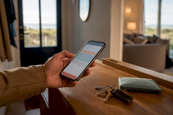 Smartphone bij de sleutelbos van het vakantiehuis