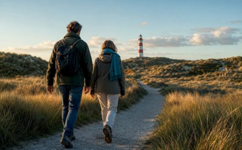Wandelaars op een duinpad bij Hollum