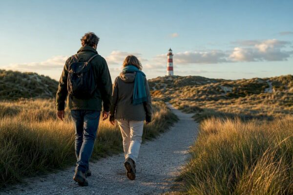 Wandelaars op een duinpad bij Hollum
