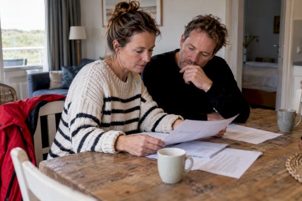 Stel bekijkt reisverzekeringen voor een vakantiewoning