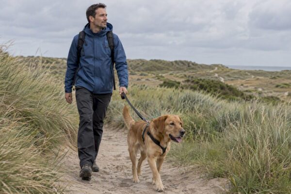 Hond loopt met eigenaar over het duinpad