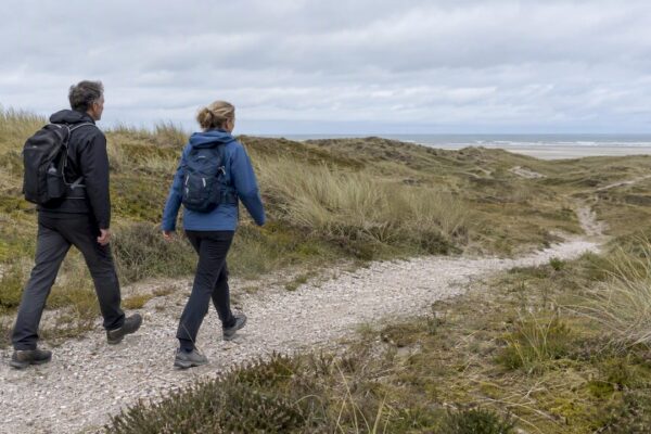 Wandelaars lopen over een schelpenpad door de duinen