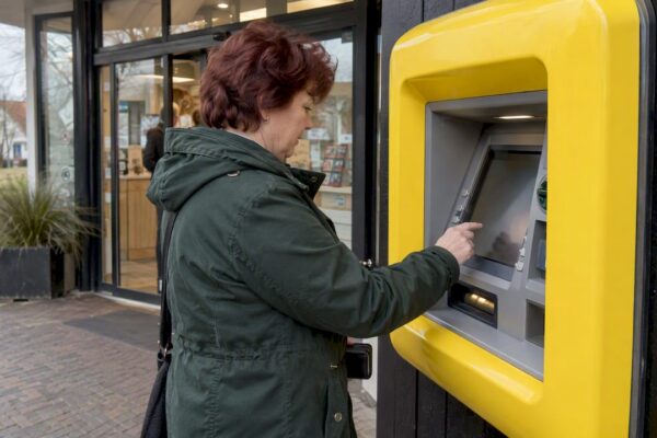 Vrouw haalt geld bij Geldmaat in Nes