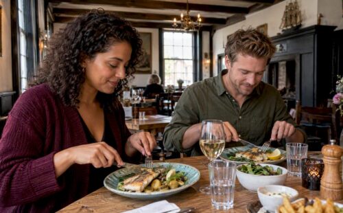 Koppel geniet van visgerechten in een historisch restaurant
