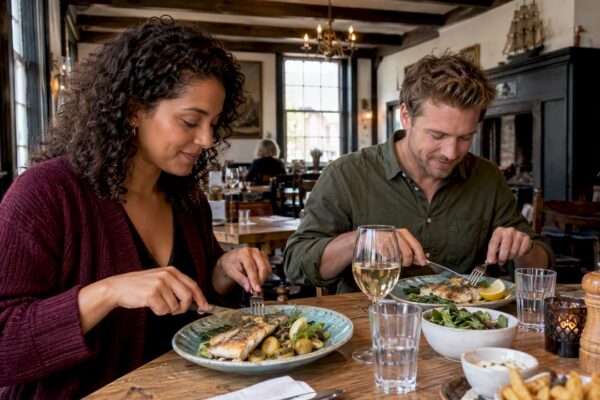 Koppel geniet van visgerechten in een historisch restaurant
